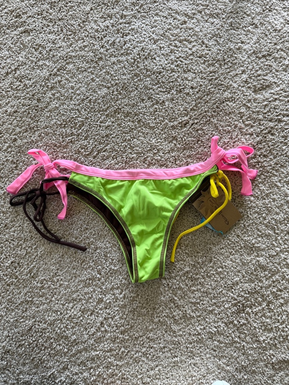 Neon Lime Green Tie-Side Bikini Bottom with Pink Trim